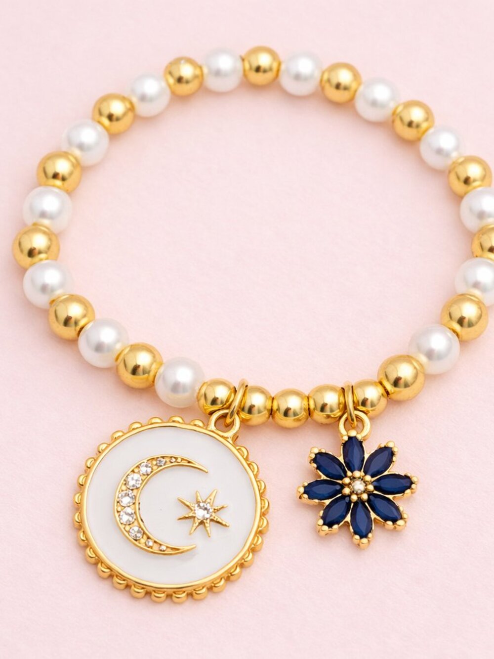 Gold & Pearl Beaded Bracelet with Moon and Flower Charms – New